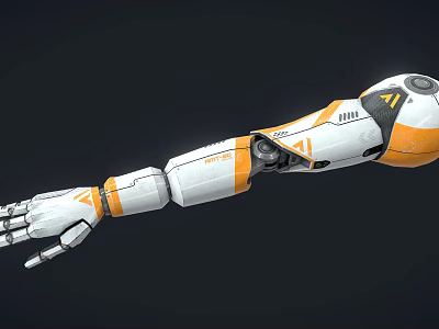 Man With White And Orange Mechanical Arm Featuring Robotic Joints And Structure Design 3d model