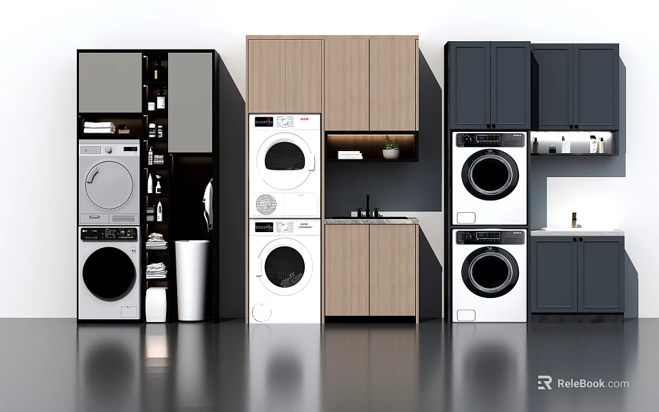 Functional Modern Bathroom Cabinetry With Washing Machines Dryers And Storage Cabinets 3d model 