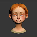 Cartoon Character Head Model With Orange Hair And Sad Expression On Dark Background With Reflection
