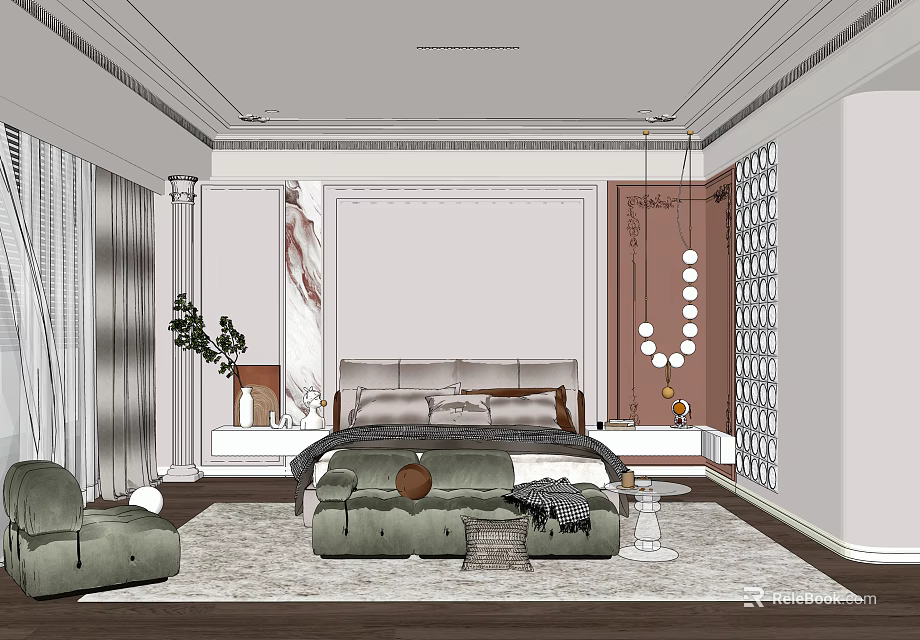 Modern Bedroom Interior Design With Bed Headboard Wall Pendant Light And Green Plant 3d model 