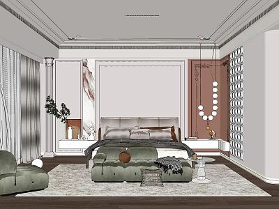 Modern Bedroom Interior Design With Bed Headboard Wall Pendant Light And Green Plant 3d model