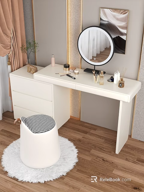 White Modern Vanity with Round Mirror Cosmetics Accessories and Black White Checkered Stool 3d model 