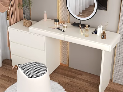 White Modern Vanity with Round Mirror Cosmetics Accessories and Black White Checkered Stool 3d model