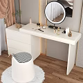 White Modern Vanity with Round Mirror Cosmetics Accessories and Black White Checkered Stool