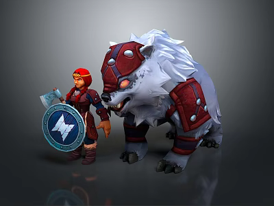 Knight In Red Armor With Star Shield Standing By Giant White Fur Beast 3d model