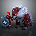 Knight In Red Armor With Star Shield Standing By Giant White Fur Beast