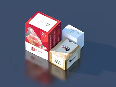 Household Items Packaging Boxes In Red White Beige With Modern Designs 3d model