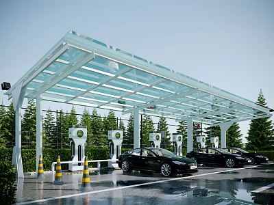 Electric Vehicle Charging Station Featuring Transparent Roof Black Cars And Charging Piles 3d model