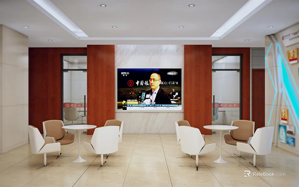 Modern Service Hall Interior With White Brown Chairs Round Tables And Large Screen 3d model 
