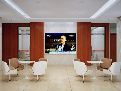 Modern Service Hall Interior With White Brown Chairs Round Tables And Large Screen 3d model