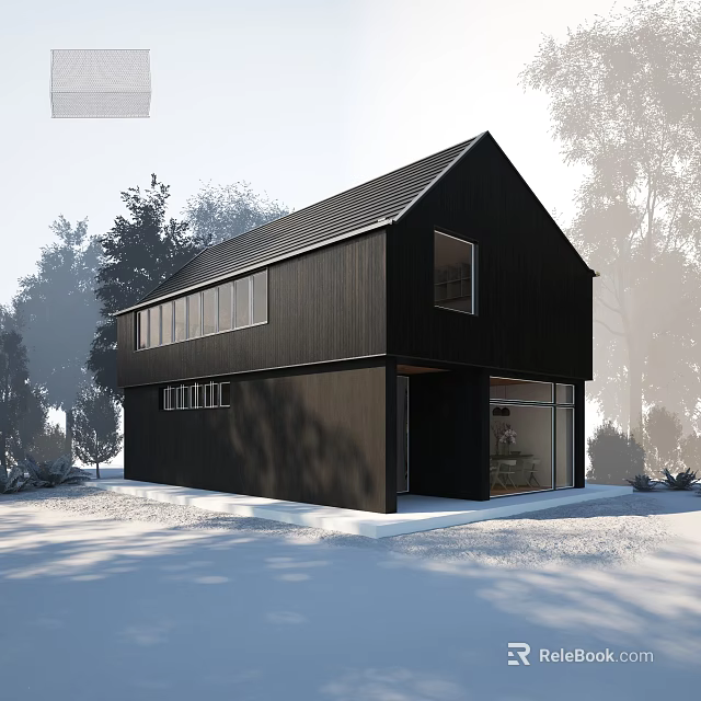 Modern Black Villa Balcony Featuring Large Glass Windows Surrounded by Trees 3d model 