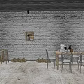 Rustic Wooden Dining Table Set With Chairs Brick Wall And Floor Lamp