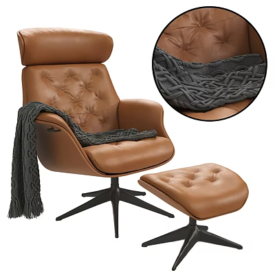Brown Leather Office Chair With Tufted Design Gray Knit Blanket And Ottoman 3d model