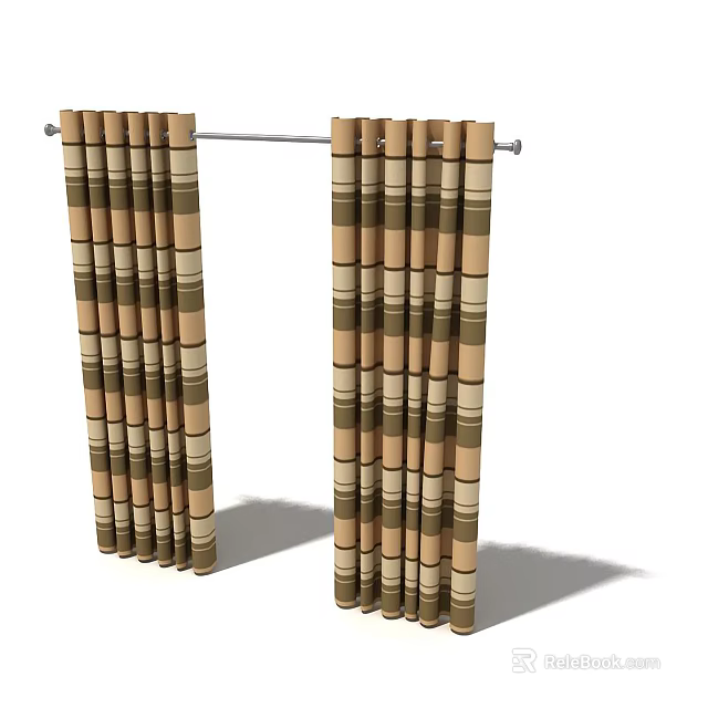 Brown And Beige Striped Window Curtains With Vertical Design On Rod 3d model 