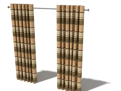 Brown And Beige Striped Window Curtains With Vertical Design On Rod 3d model
