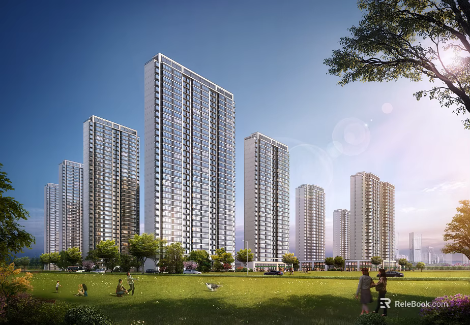 Modern Tall Residential Buildings With Green Lawn Trees And People 3d model 