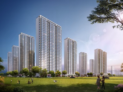 Modern Tall Residential Buildings With Green Lawn Trees And People 3d model
