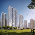 Modern Tall Residential Buildings With Green Lawn Trees And People