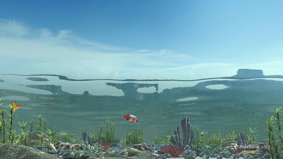Underwater Scenery With Clear Water Surface And Sky Cloud Reflections Underwater Plants And Red Fish 3d model 
