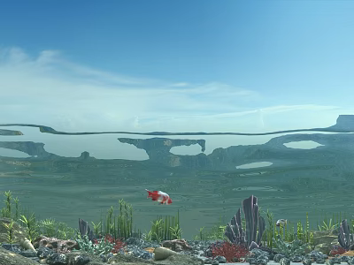 Underwater Scenery With Clear Water Surface And Sky Cloud Reflections Underwater Plants And Red Fish 3d model