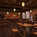 Traditional Chinese Style Restaurant Interior With Wooden Furniture Lanterns Tables Chairs And Decorative Art