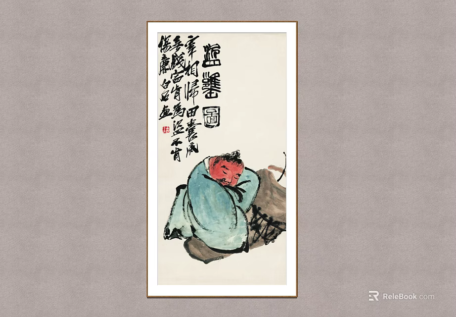 Traditional Chinese Figure Painting With Blue Clad Figure And Calligraphic Inscriptions 3d model 
