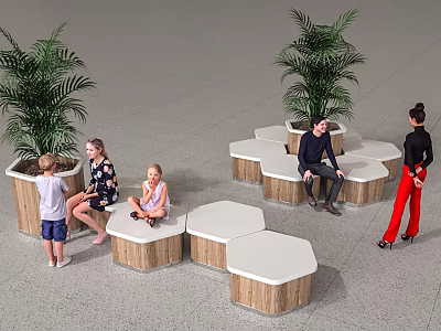 Hexagonal Public Chairs With White Tops And Wooden Bases In Public Space With Green Plants 3d model