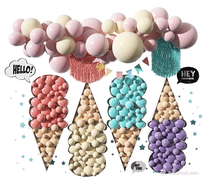 Colorful Party Decorations With Balloons Ice Cream Cone Shapes Speech Bubbles And Stars 3d model 