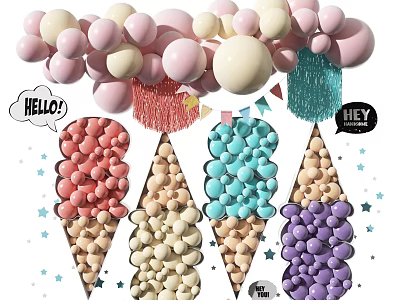 Colorful Party Decorations With Balloons Ice Cream Cone Shapes Speech Bubbles And Stars 3d model