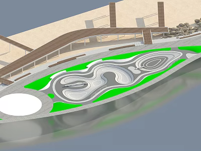 Park Landscape Design with Curved Paths Green Lawns Circular Areas and Wooden Structures 3d model