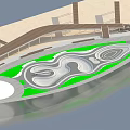 Park Landscape Design with Curved Paths Green Lawns Circular Areas and Wooden Structures