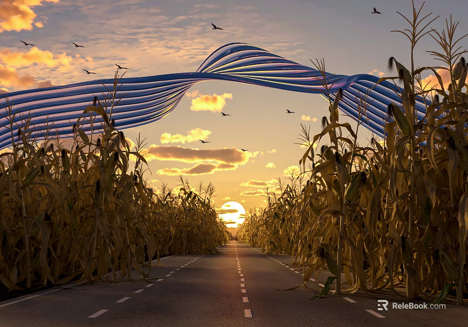 Scenic Road Through Golden Cornfield With Striped Archway Sunset Sky And Flying Birds 3d model 