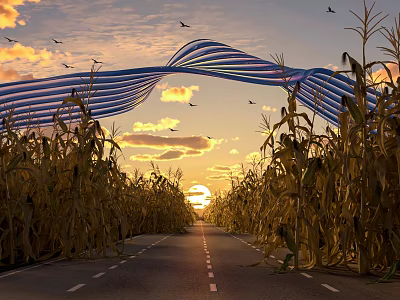 Scenic Road Through Golden Cornfield With Striped Archway Sunset Sky And Flying Birds 3d model