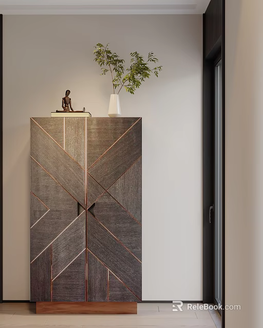 Modern Wooden Entryway Console Cabinet With Geometric Pattern And Top Decorations 3d model