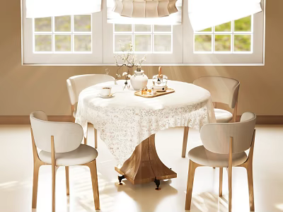 Round Dining Table With White Lace Tablecloth Tea Set Vase And Light Wood Chairs 3d model