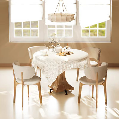 Round Dining Table With White Lace Tablecloth Tea Set Vase And Light Wood Chairs 3d model