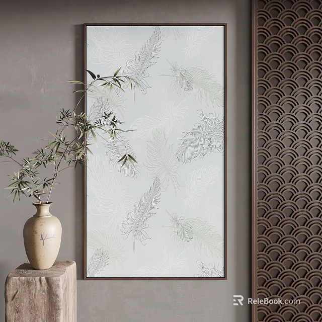 Chinese Style Landscape Painting With Feather Patterns And Bamboo Vase 3d model 