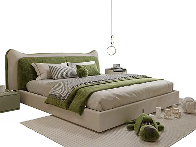 Kids Bed With Beige Frame Green Blanket Striped Pillows Bedside Table Rug And Plush Toy 3d model