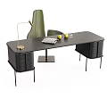 Modern Dark Wooden Office Desk With Green Chair Brass Lamp Notebook And Apples