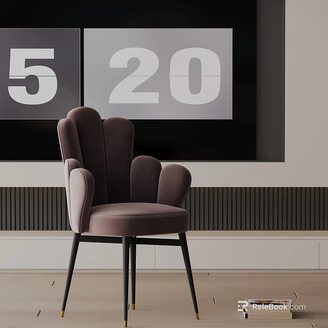 Purple Velvet Dining Chair With Curved Back Armrest And Black Legs On Striped Wall Background 3d model 