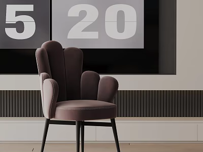 Purple Velvet Dining Chair With Curved Back Armrest And Black Legs On Striped Wall Background 3d model