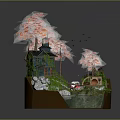 Miniature Landscape Model Featuring Orange Trees House Bridge And Water With Lotus Leaves