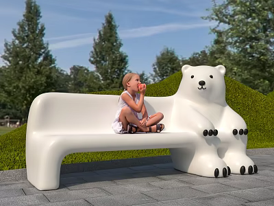 Polar Bear Shaped Landscape Bench With Girl Sitting On Green Grass Trees And Blue Sky 3d model