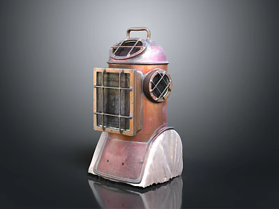 Vintage Copper Metal Weapon With Rustic Texture Round Openings Grilled Square Panel And White Base 3d model