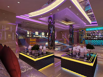 Modern KTV Lounge Interior Design With Colorful Lighting Sofas And Glass Tables 3d model