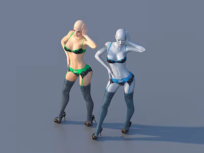 Two Women Posing in Bikini Stockings and High Heels Against Gray Background 3d model