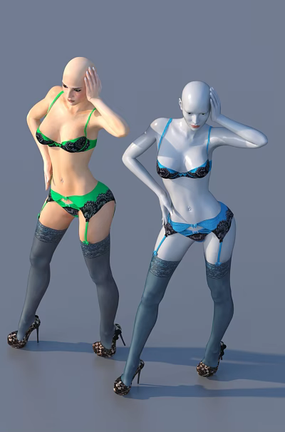 Two Women Posing in Bikini Stockings and High Heels Against Gray Background 3d model