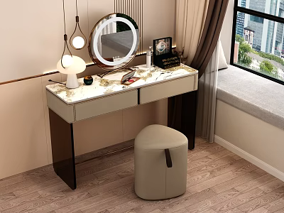 Modern Dressing Table Interior With Marble Top Round Mirror Pendant Lights And Stool 3d model