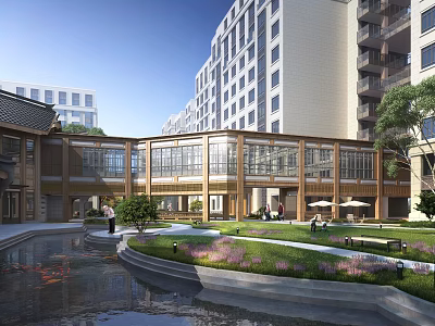 Modern Meets Traditional Architecture Courtyard Design With Water Pond Greenery And Community Seating 3d model