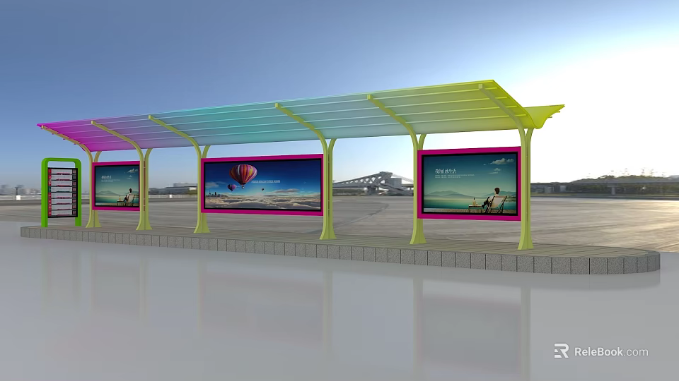 Rainbow Colored Bus Shelter With Advertising Billboards And Clear Canopy 3d model 